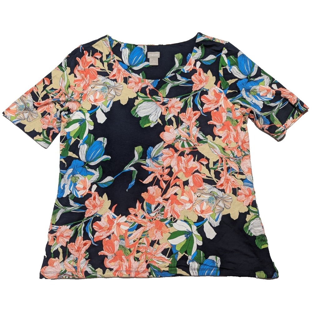 Chico's Black Multi Floral Pull Over Blouse - Women 2 Large Rayon Stretch EUC